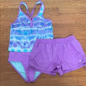 Gerry girls 3 piece purple tie dye tankini set and coverup shorts, L, 14/16.